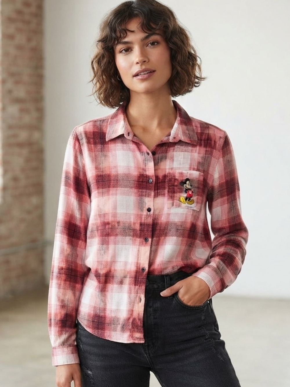 DISNEY Mickey Mouse Plaid Flannel Shirt Upcycled L 22” p2p Red Mul